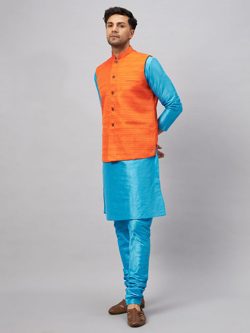 Vastramay Men's Orange Matka Silk Nehru Jacket With Aqua Blue Silk Blend Kurta and Pyjama Set